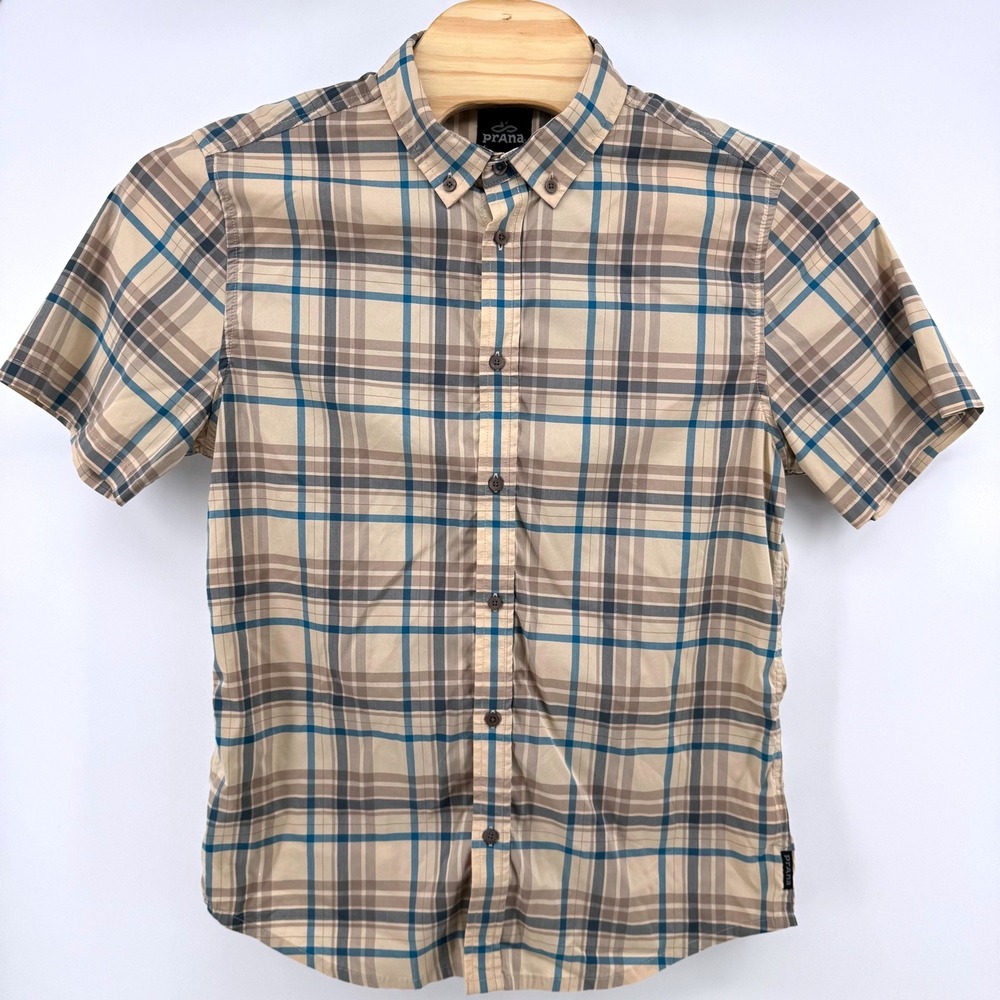 Prana Plaid Shirt Mens Large Tan Blue Short Sleeve Button Down Stretch Casual - Picture 2 of 7